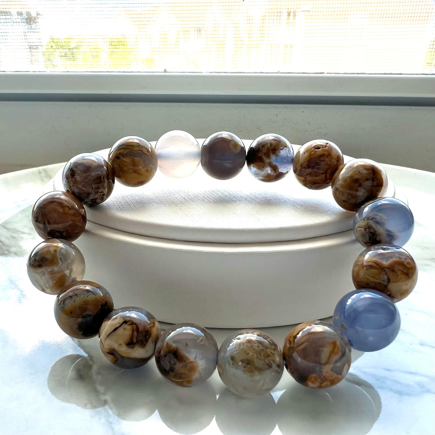 Argentina Blue Chalcedony Bracelet,Natural Gemstone Crystal Agate Bracelet,Raw ore belt leather,Gift for Her, Handmade Jewelry, Lucky Stone