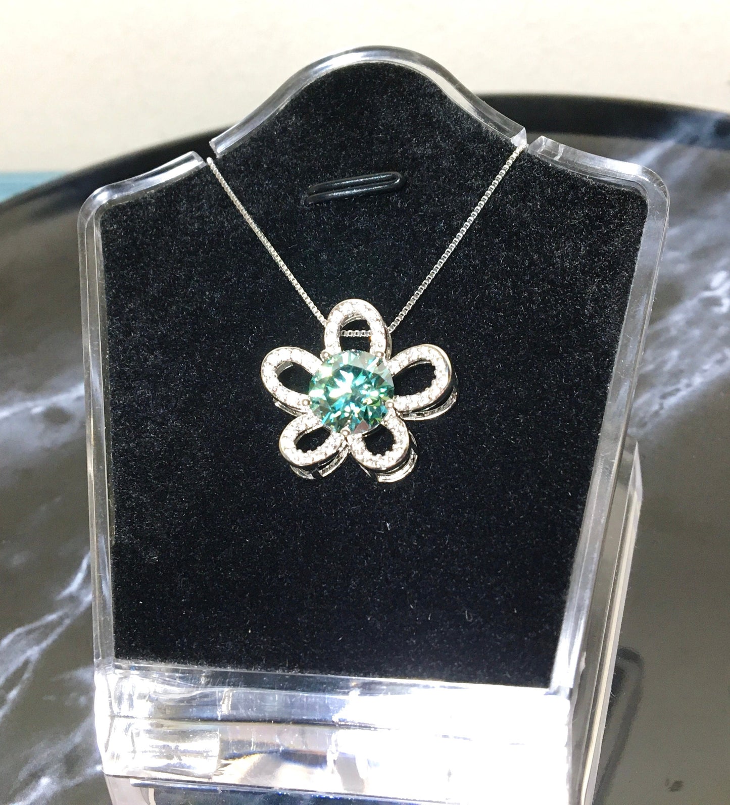 Asymmetric Flower 3ct Green Blue Moissanite Necklace,Silver,Anniversary,Birthday,Gift for Her, Handmade Jewelry,Mother's Day