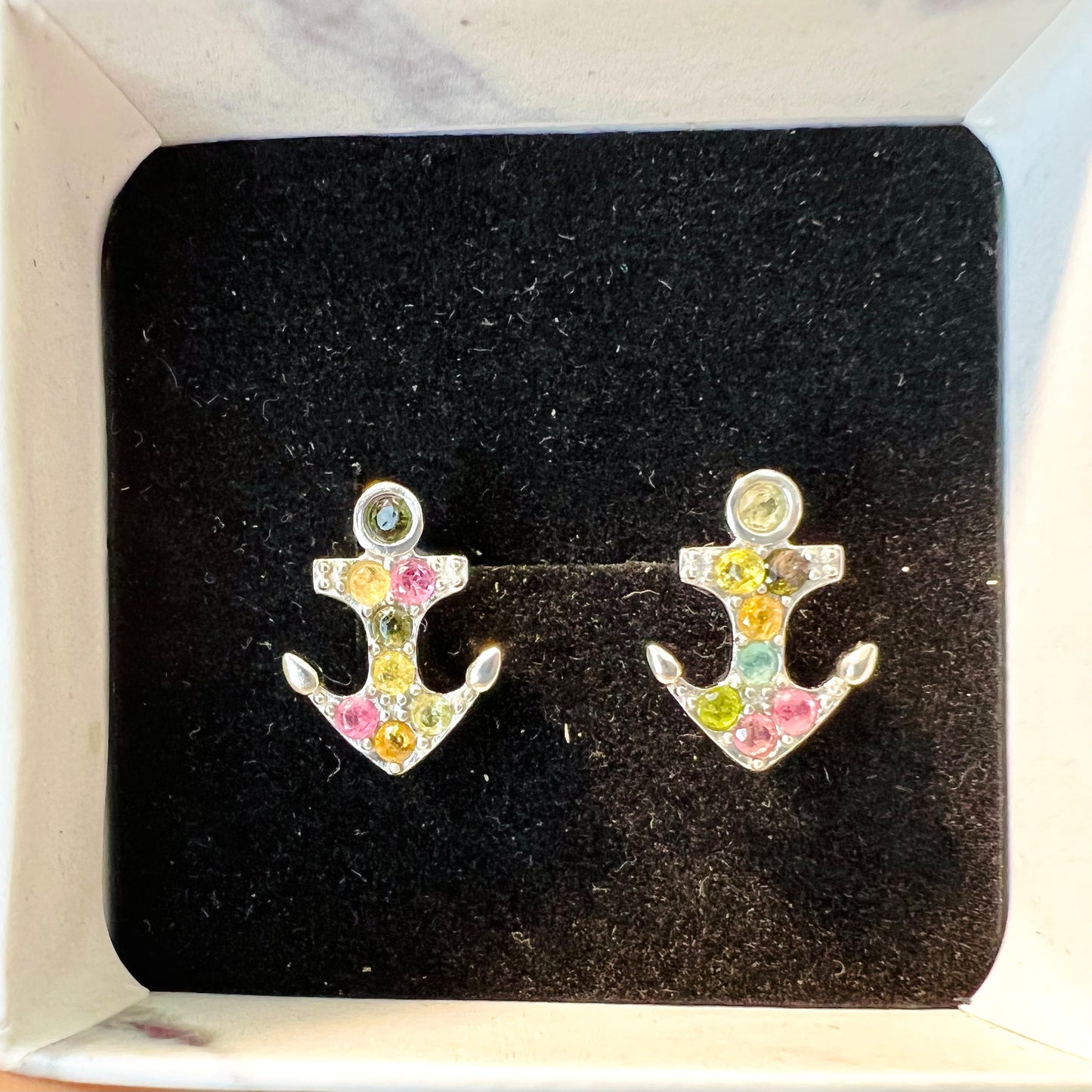 Silver Filled Anchor Earrings,Tourmaline Crystal Earrings,Anchor Earrings,Gift for best friend,Love Nautical,OceanJewelry,birthday,Rainbow,