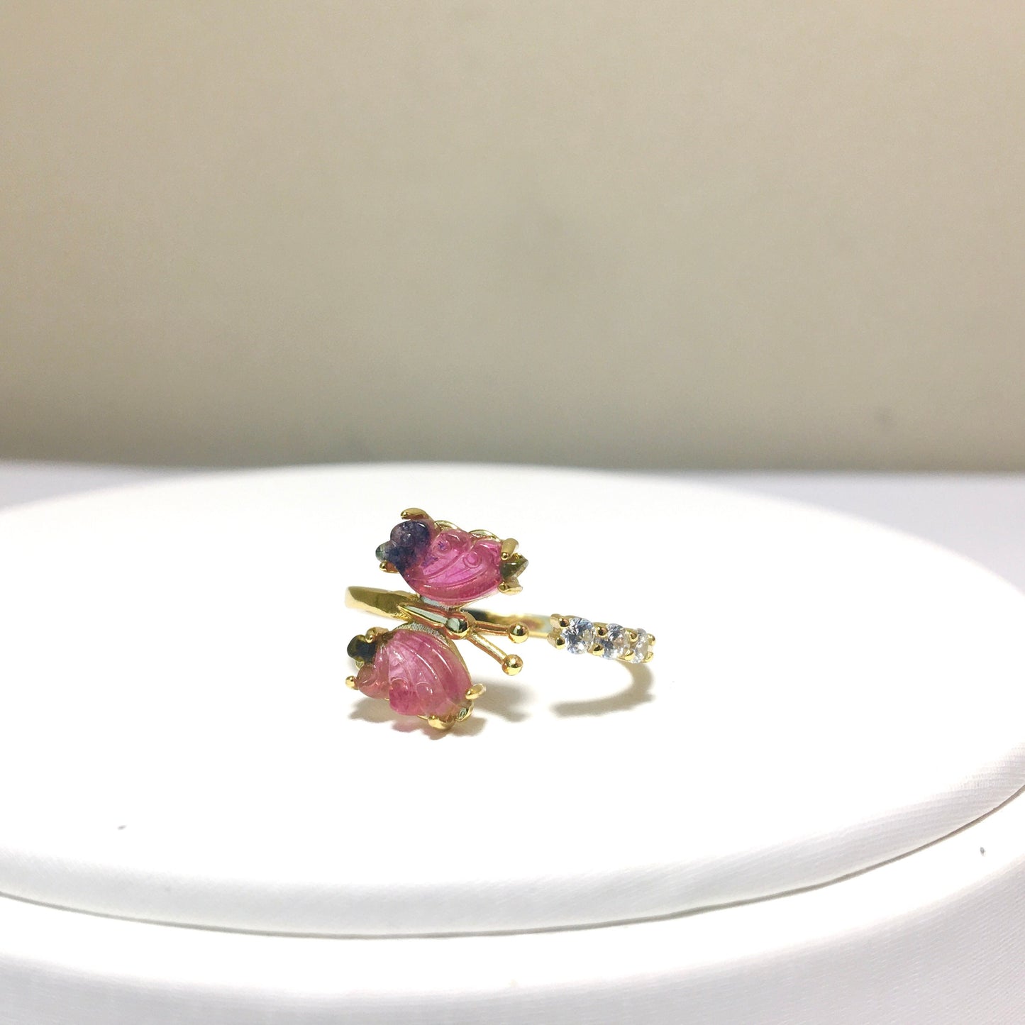 Butterfly Watermelon Tourmaline Ring, October Birthstone,Natural Crystal Ring, Wedding,Gold Plated Silver Ring,Animal Ring, Gifts for Her,