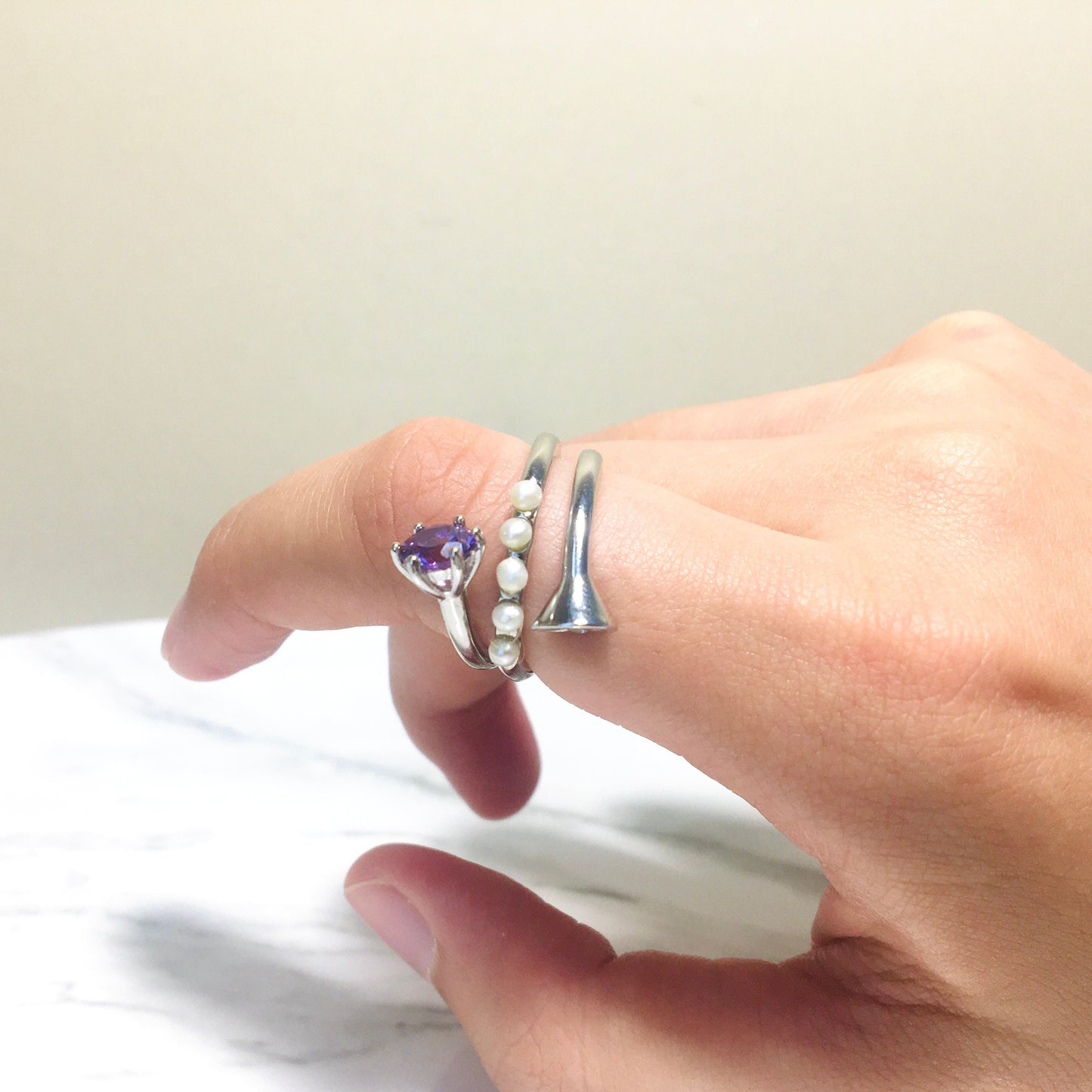 Sterling Silver Multi-loop Amethyst Pearl Ring,Purple Ring, Dainty Wraparound Ring,Unique Design Adjustable Ring,For Women, Wedding Jewelry