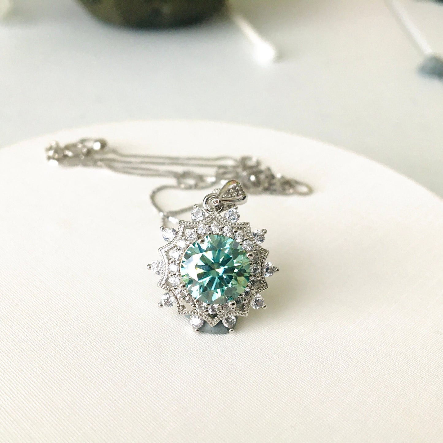 Sun Flower Green Blue Moissanite Necklace,3ct,Sterling Silver Chain,platinum,Anniversary,Wedding Necklace, for Her,Handmade, Valentine's Day