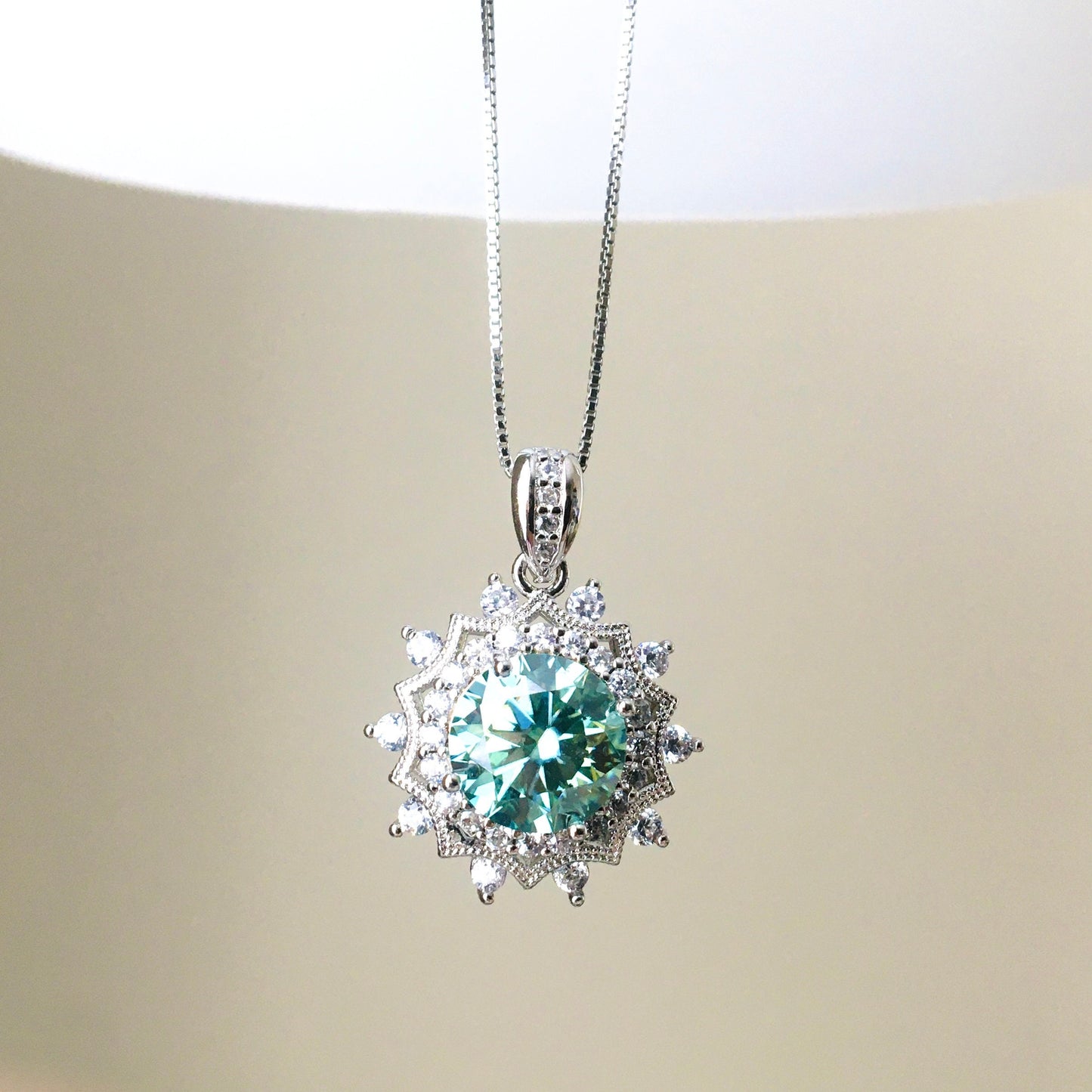 Sun Flower Green Blue Moissanite Necklace,3ct,Sterling Silver Chain,platinum,Anniversary,Wedding Necklace, for Her,Handmade, Valentine's Day