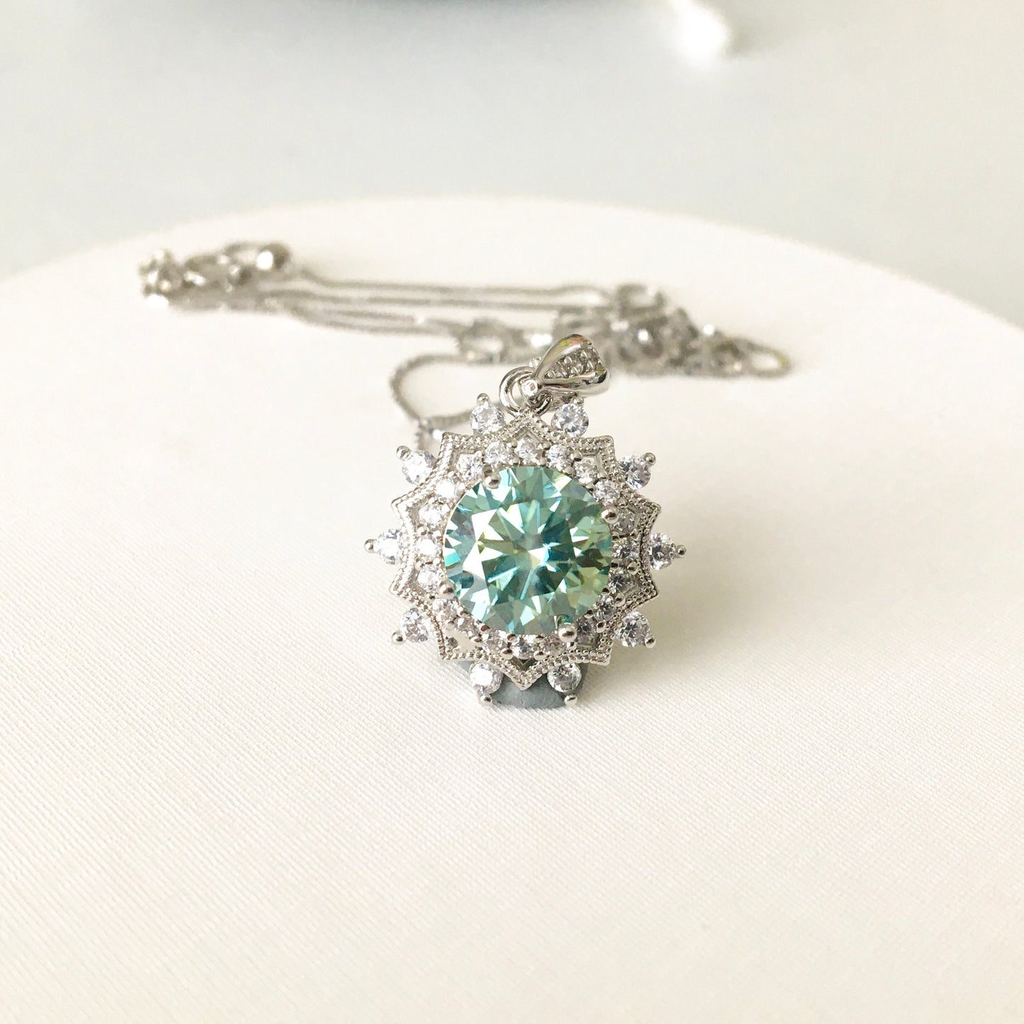 Sun Flower Green Blue Moissanite Necklace,3ct,Sterling Silver Chain,platinum,Anniversary,Wedding Necklace, for Her,Handmade, Valentine's Day