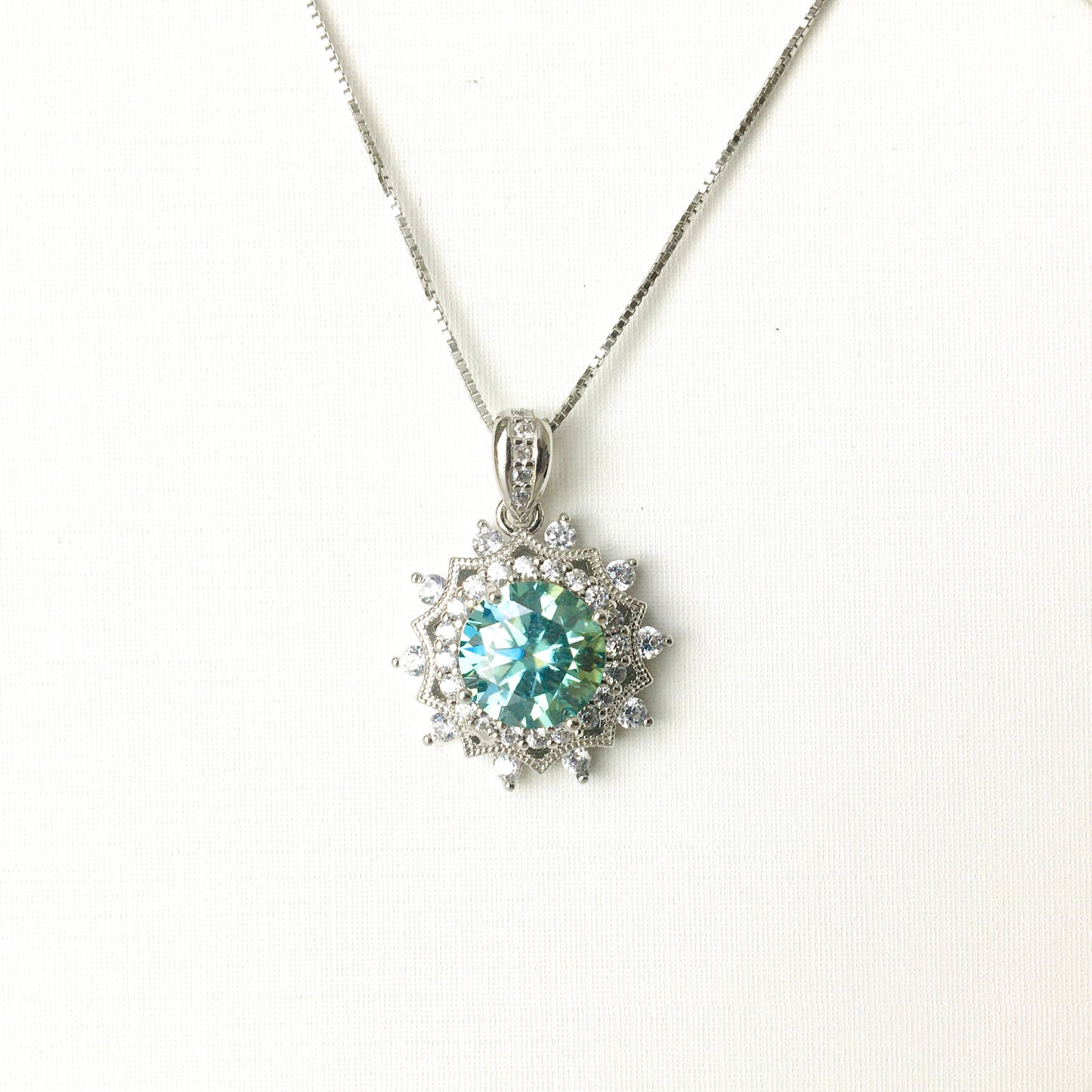 Sun Flower Green Blue Moissanite Necklace,3ct,Sterling Silver Chain,platinum,Anniversary,Wedding Necklace, for Her,Handmade, Valentine's Day