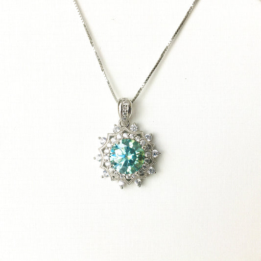 Sun Flower Green Blue Moissanite Necklace,3ct,Sterling Silver Chain,platinum,Anniversary,Wedding Necklace, for Her,Handmade, Valentine's Day