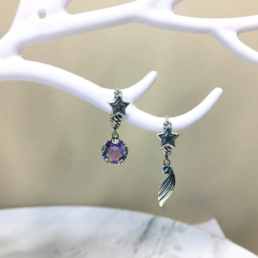 Amethyst Star Earrings, Sterling silver Asymmetric earrings, Purple Earrings, Angel wings,Retro style Earrings,Gift For Her, Valentine's Day