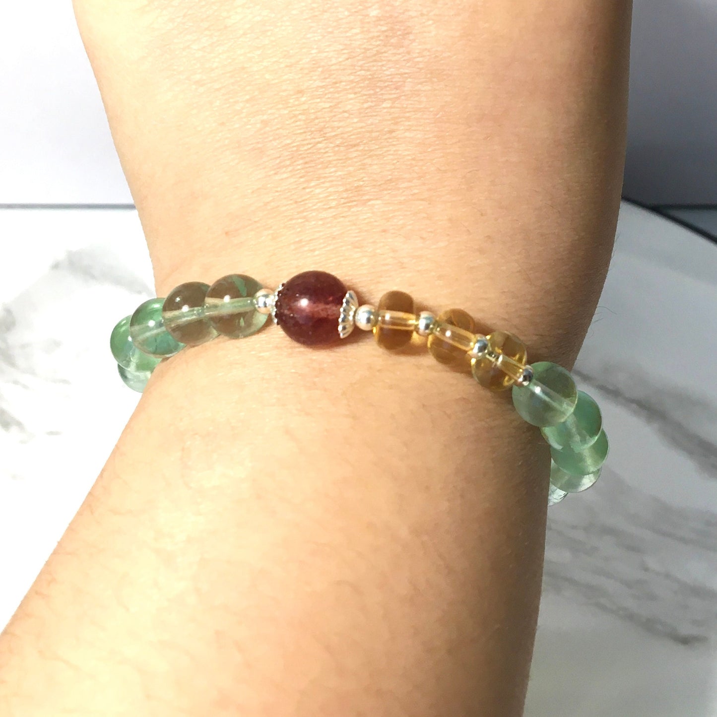 High-Quality Green Fluorite Bracelet,Strawberry Quartz Citrine Crystal Bracelet,Reiki Healing Crystal for her,Birthday Gift, Graduation Gift