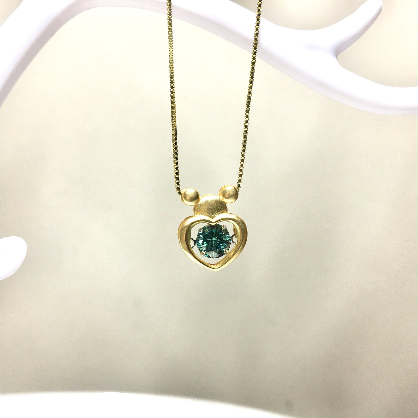 Delicate Mickkey Mouse Necklace,Green moissanite Necklace,Love Heart Necklace, Cartoon Jewelry,Gold Plated Sterling Silver,Gift For Her