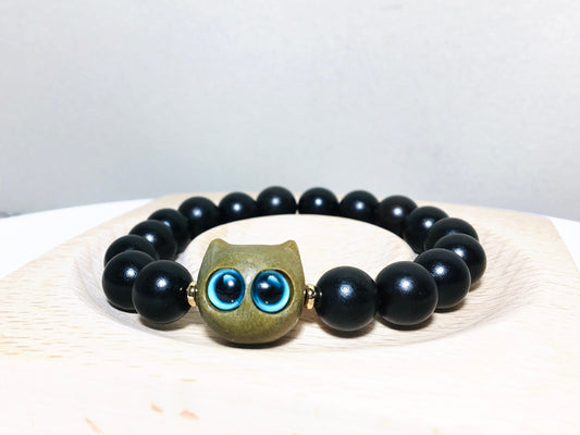 Ebony Black and Green Wood Bracelet, Cute Kitten Cat Bracelet, Animal Pet Bracelet, Gift for Her, Birthday Gift,Valentines gift