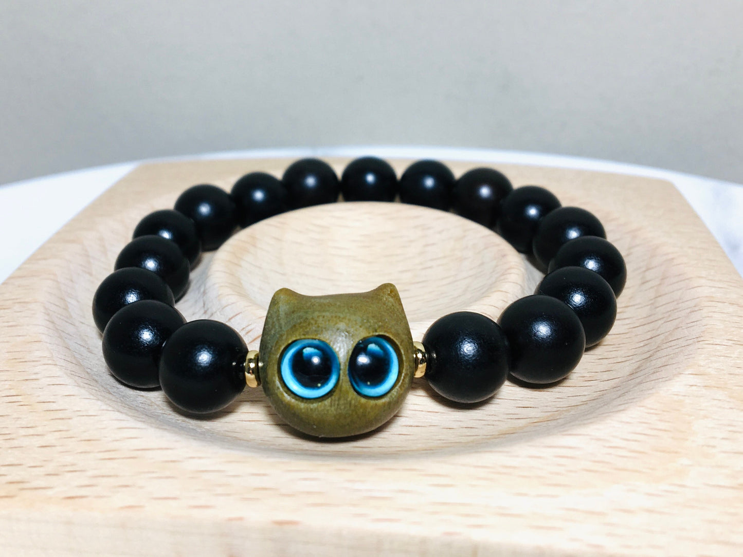 Ebony Black and Green Wood Bracelet, Cute Kitten Cat Bracelet, Animal Pet Bracelet, Gift for Her, Birthday Gift,Valentines gift