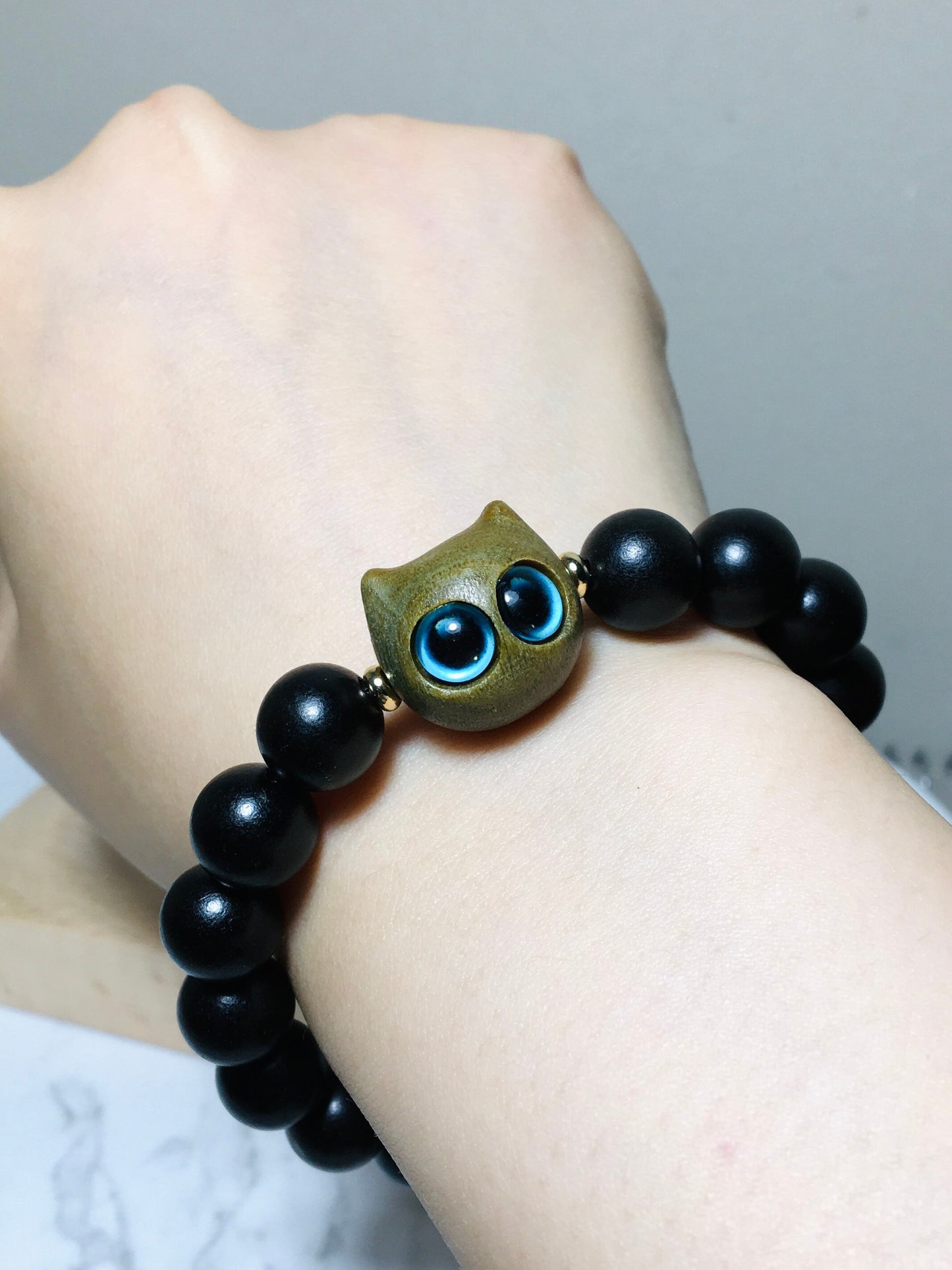 Ebony Black and Green Wood Bracelet, Cute Kitten Cat Bracelet, Animal Pet Bracelet, Gift for Her, Birthday Gift,Valentines gift