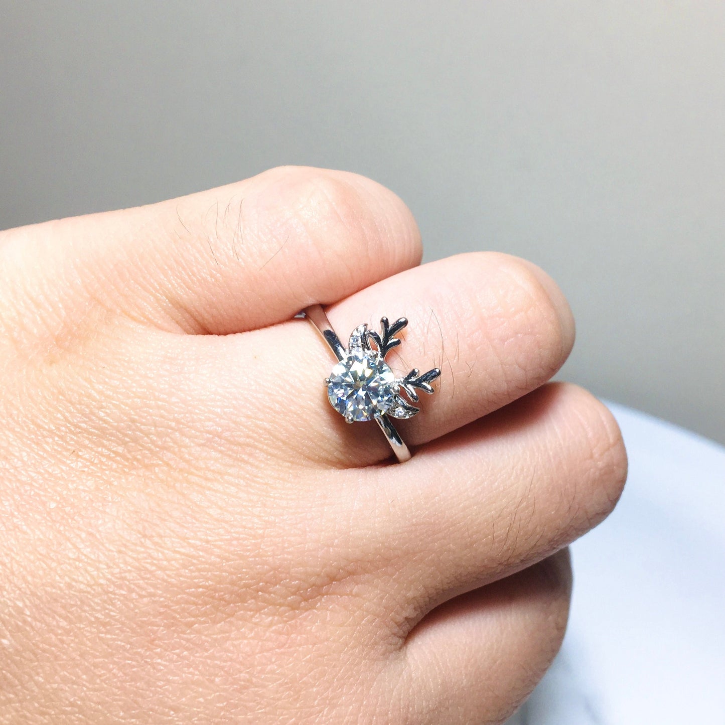 Cute Fawn Deer Horn Moissanite Halo 1ct Ring, White Moissanite Ring,Anniversary Engagement,Sterling Silver Rings,Gift for her,Birthday Gift