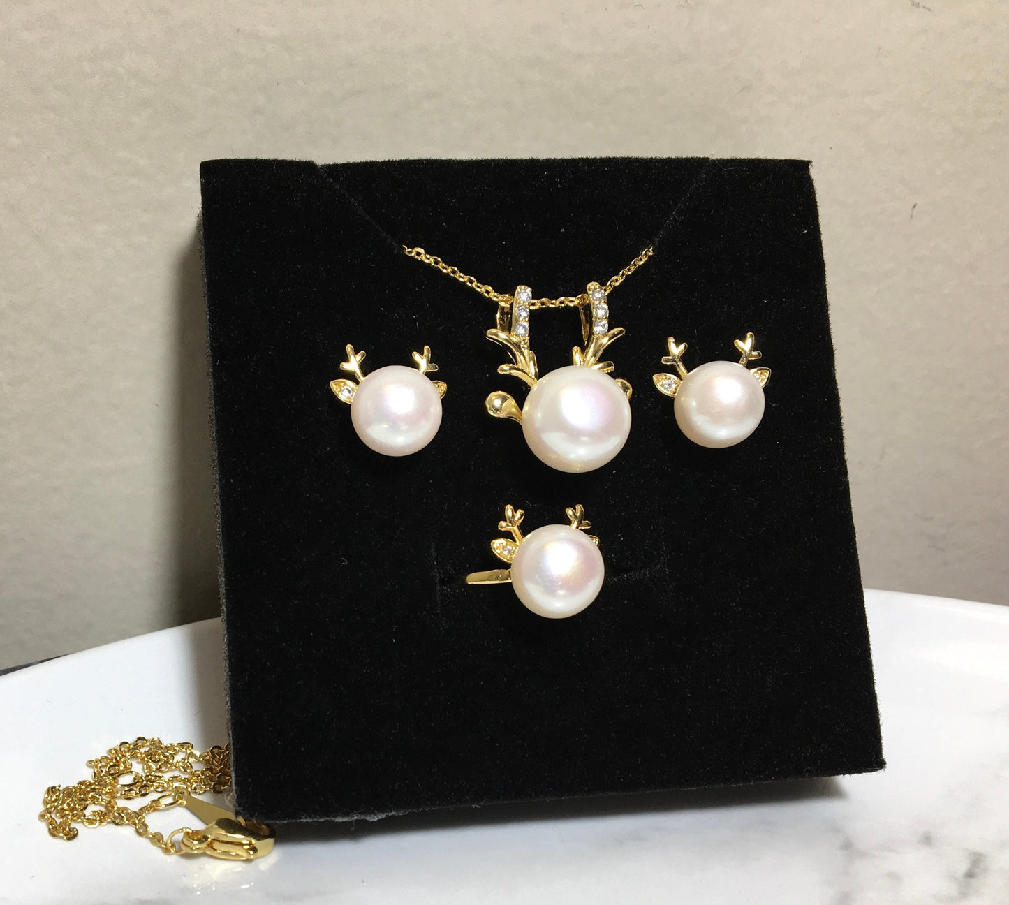 Christmas ELk Pearl Pendant Necklace Jewelry set,Pearl Ring,Pearl Earrings,Gold Plated Jewelry,Natural Freshwater pearl,Best Christmas Gift