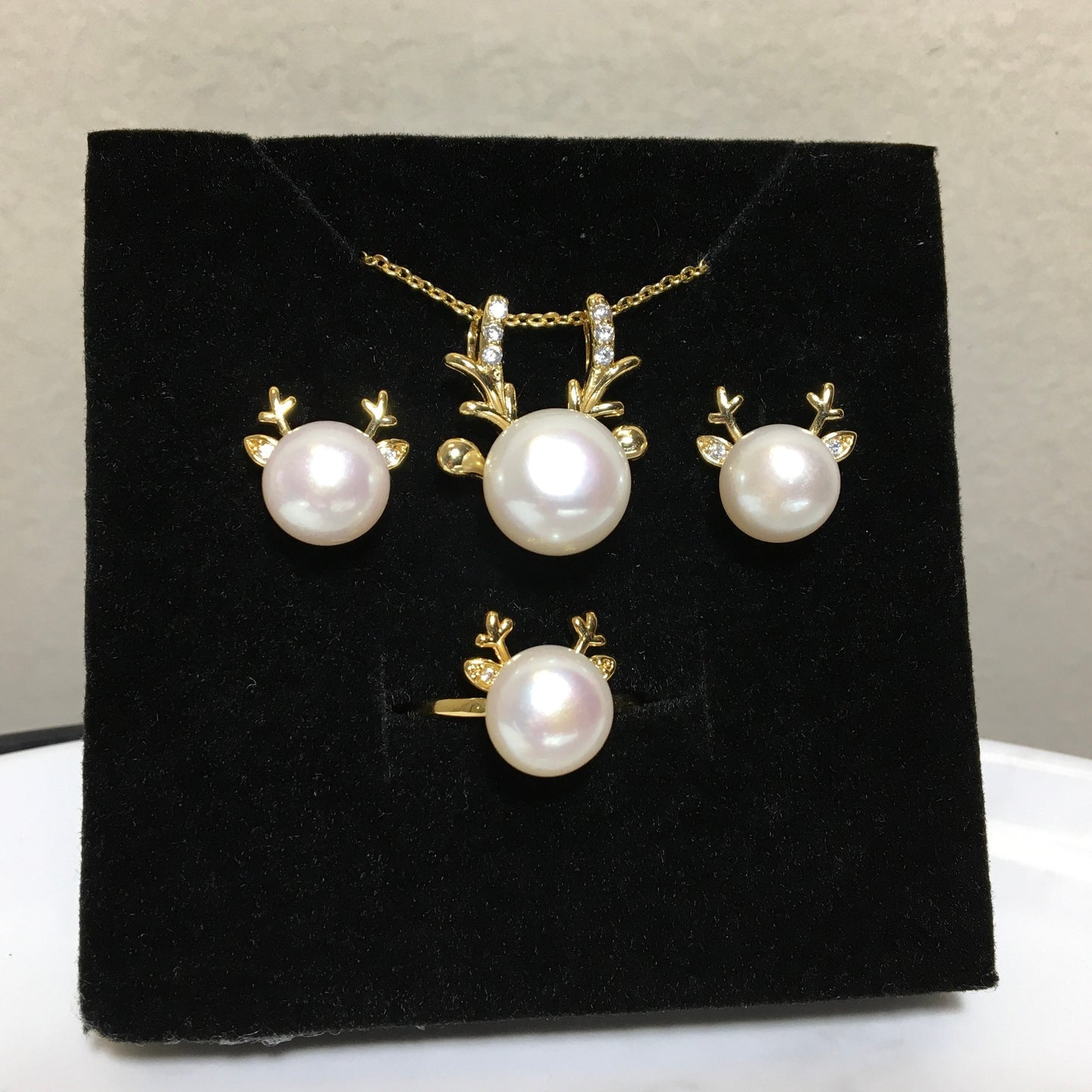 Christmas ELk Pearl Pendant Necklace Jewelry set,Pearl Ring,Pearl Earrings,Gold Plated Jewelry,Natural Freshwater pearl,Best Christmas Gift