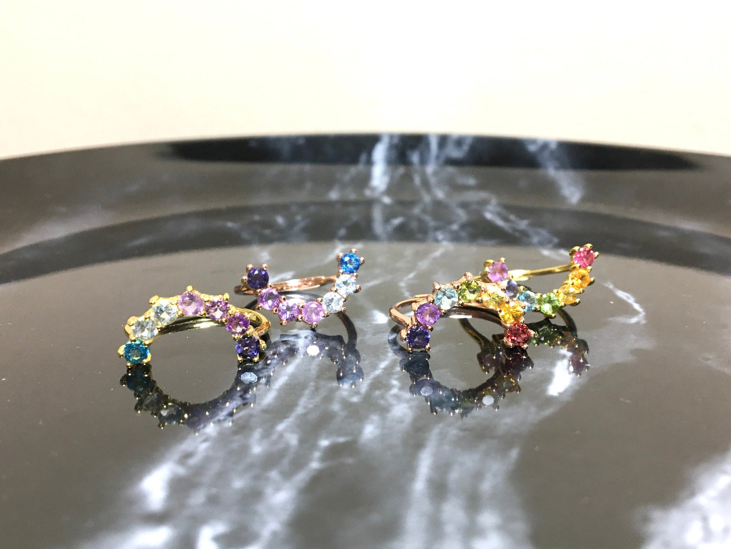 Unique Rainbow Multi-Gemstone Ring, Arch Ring, Rose Gold-Plated silver - Rare Crystal Iolite, Amethyst, Topaz, Peridot, Garnet, Aquamarine