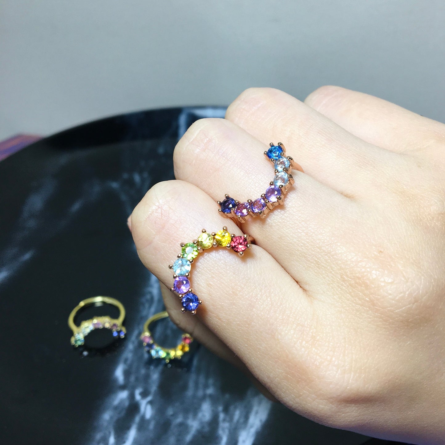 Unique Rainbow Multi-Gemstone Ring, Arch Ring, Rose Gold-Plated silver - Rare Crystal Iolite, Amethyst, Topaz, Peridot, Garnet, Aquamarine