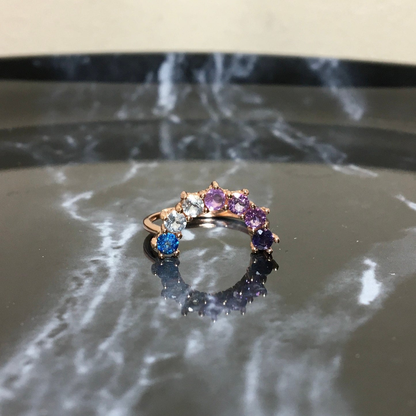 Unique Rainbow Multi-Gemstone Ring, Arch Ring, Rose Gold-Plated silver - Rare Crystal Iolite, Amethyst, Topaz, Peridot, Garnet, Aquamarine