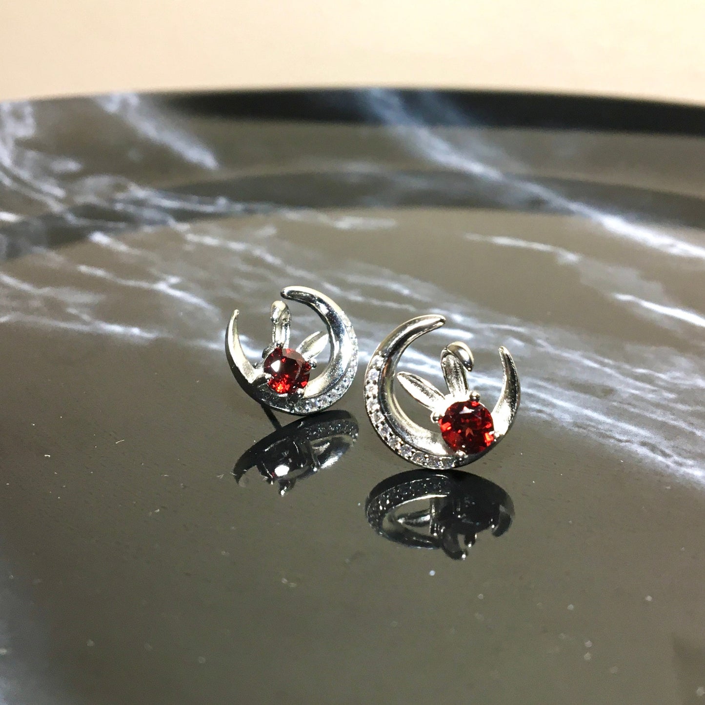 Handmade Easter Gift Garnet Rabbit and Moon Earrings - Crystal Gemstones,White Gold Plated Jewelry - Unique Handmade Graduation Gift for Her