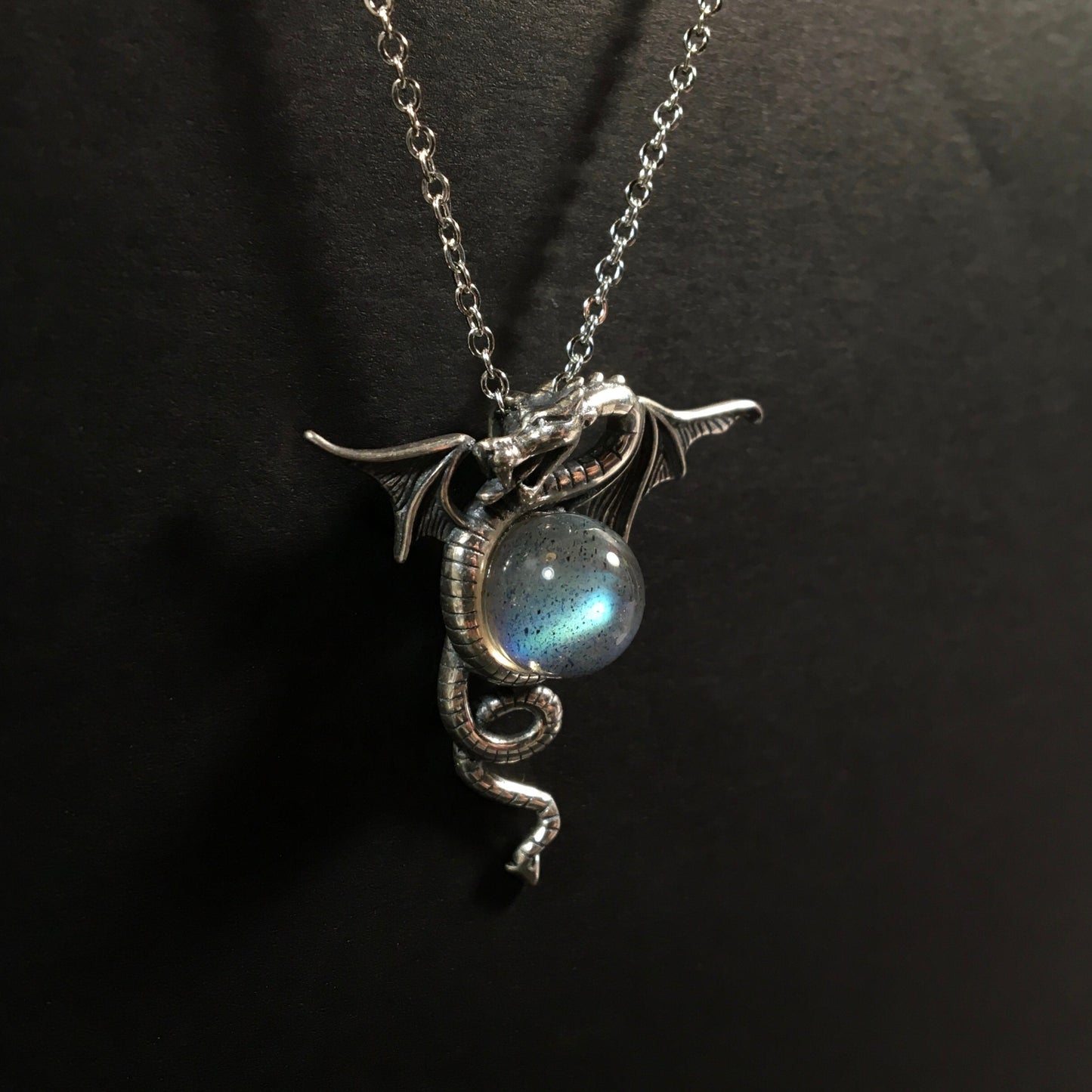 Luminous Grey Moonstone Dragon Pendant - Handmade Sterling Silver Vintage-Style Necklace with Intense Moon Glow