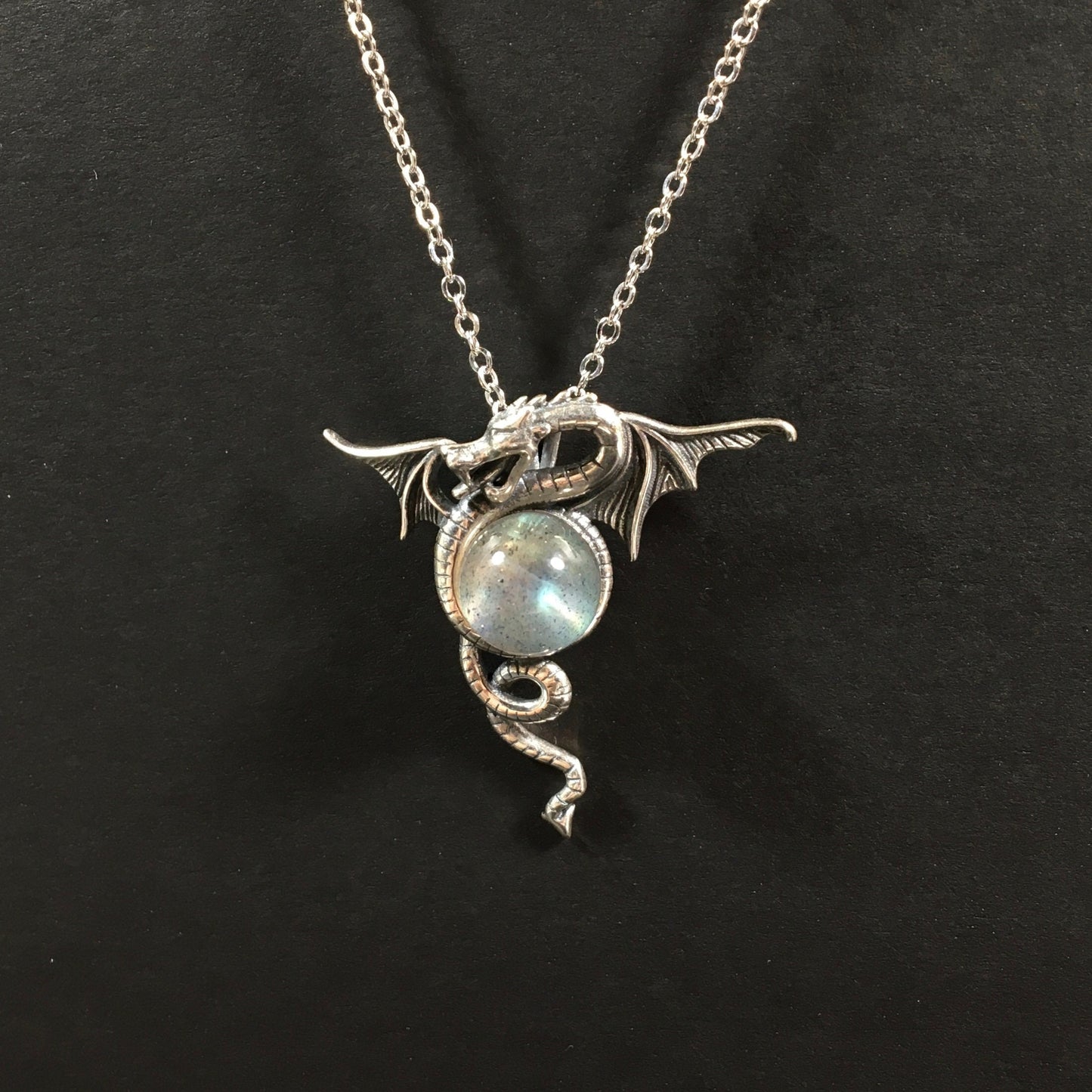 Luminous Grey Moonstone Dragon Pendant - Handmade Sterling Silver Vintage-Style Necklace with Intense Moon Glow