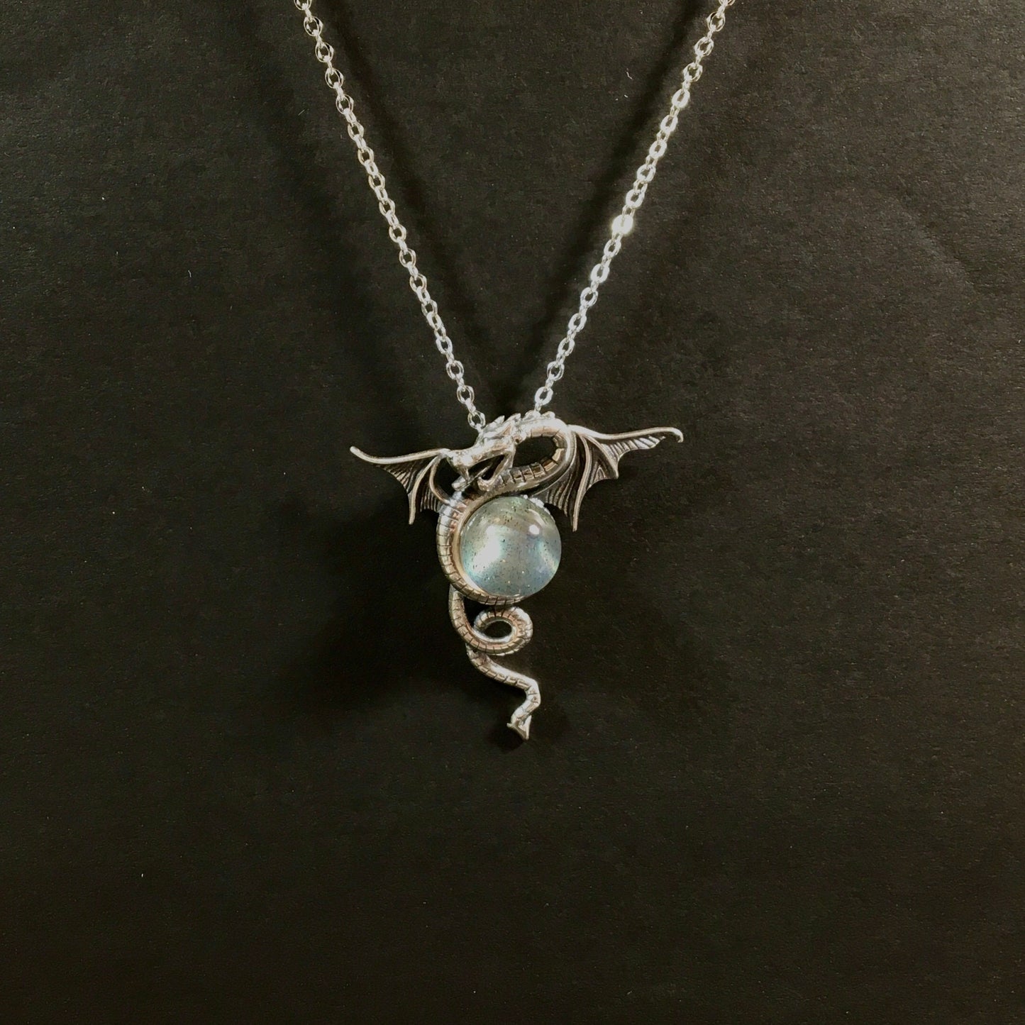 Luminous Grey Moonstone Dragon Pendant - Handmade Sterling Silver Vintage-Style Necklace with Intense Moon Glow