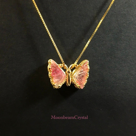 Butterfly Pink Watermelon Tourmaline Necklace, Natural Crystal Gemstone, Gold Plated Silver, Valentine's Day Jewelry, Birthday Gifts for Her