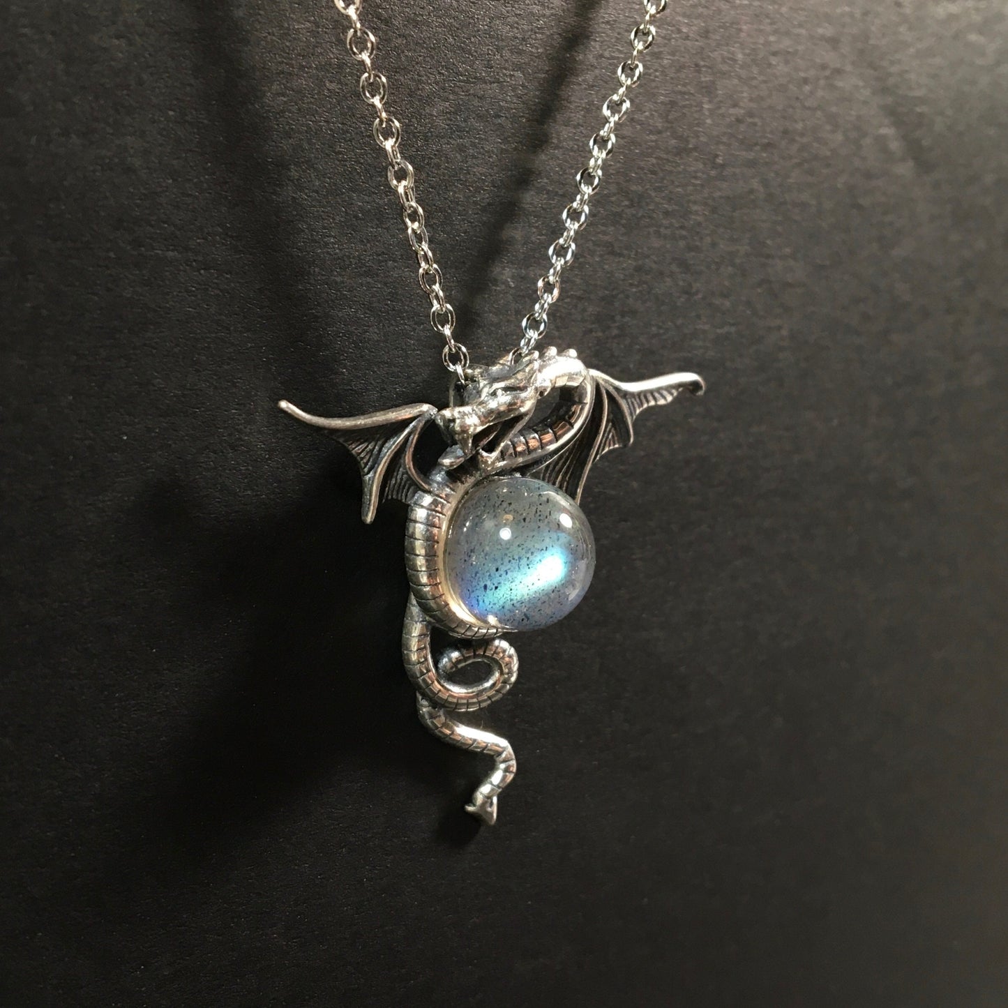 Luminous Grey Moonstone Dragon Pendant - Handmade Sterling Silver Vintage-Style Necklace with Intense Moon Glow