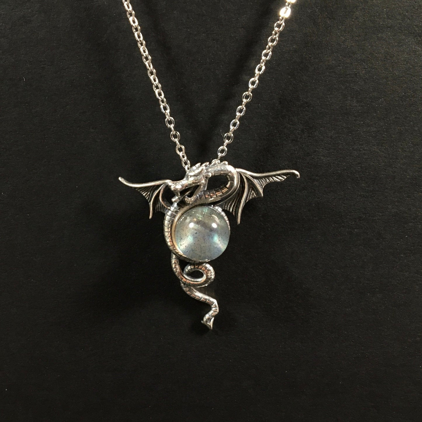 Luminous Grey Moonstone Dragon Pendant - Handmade Sterling Silver Vintage-Style Necklace with Intense Moon Glow