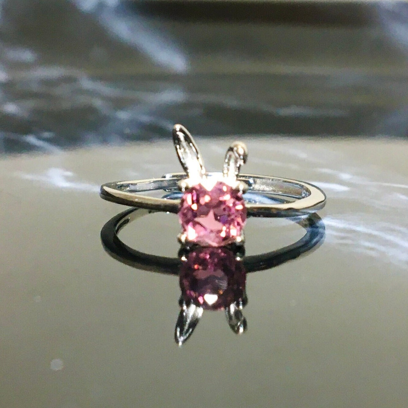 Delicate Opal  Bunny Ring, Pink Tourmaline Sterling Silver Band Rings,for her,Cute Rabbit Pet Jewelry,Valentine's Day Ring,Rabbit Rings